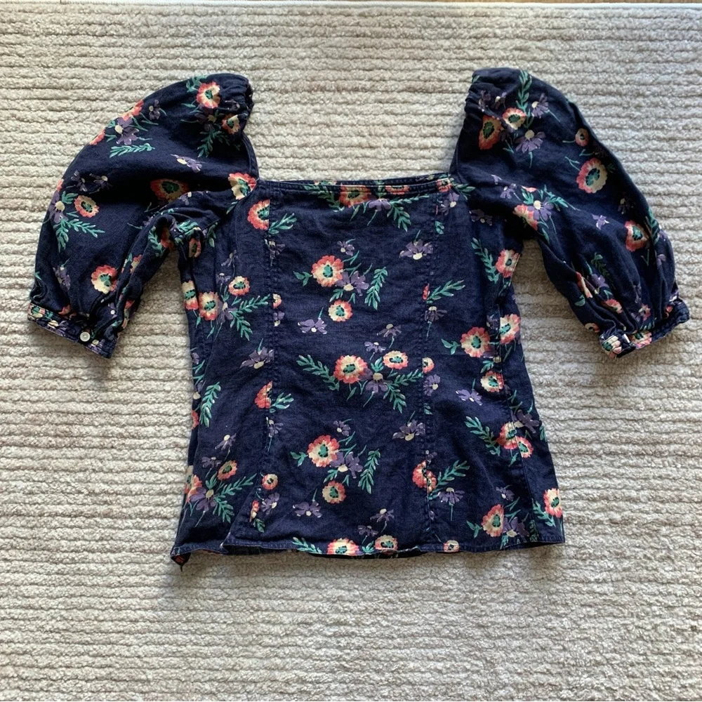 Polo Ralph Lauren Floral 100% Linen Blouson-Sleeve Blouse Navy Size 4 - Picture 3 of 5